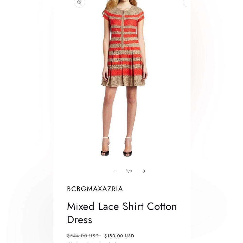 BCBGmaxazria Womens Tan Red Striped Dasen Mixed Lace Short Sleeve Shirt Dress 4